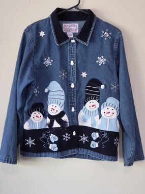 Tantrums Blue Denim Snowman Family Embroidered Jacket